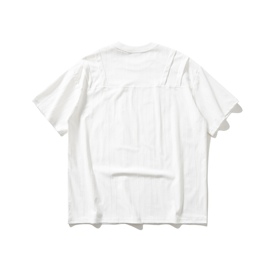 White short-sleeve T-shirt, back flat lay, with textured vertical stripes, shoulder pleats and a horizontal yoke seam