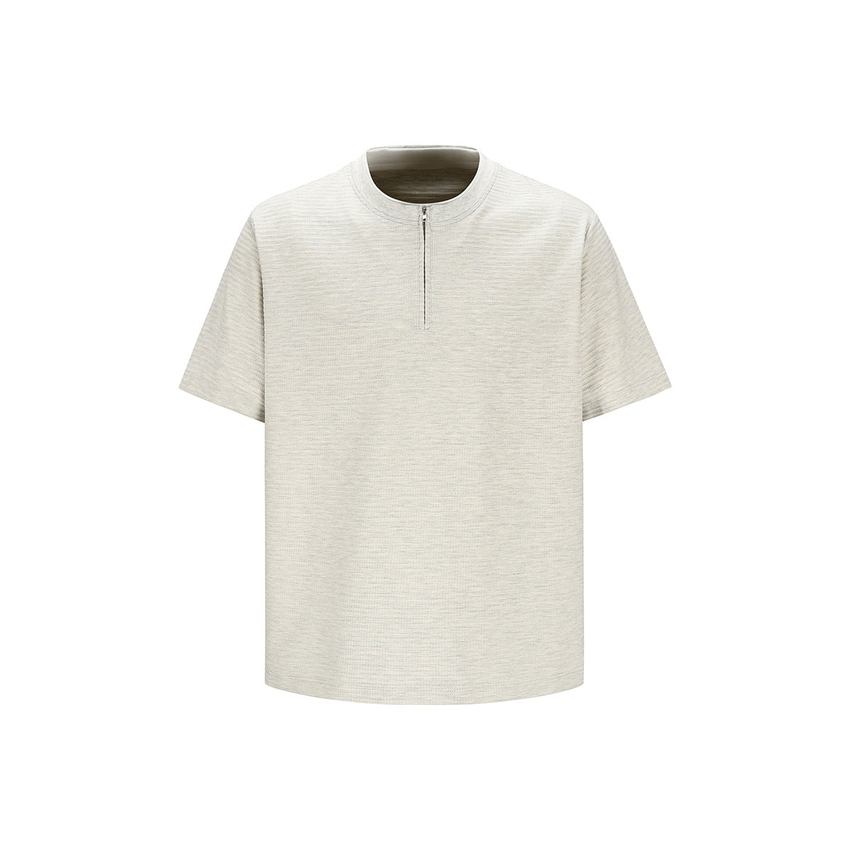 Beige-apricot short-sleeve T-shirt with crew neck and short front zipper, flat front view on white