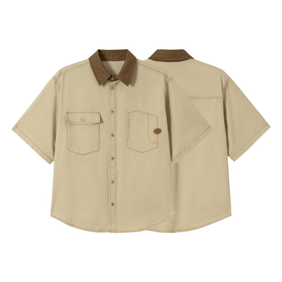 Front and back flat views of a beige short-sleeve button-up shirt with a brown collar and two chest pockets.