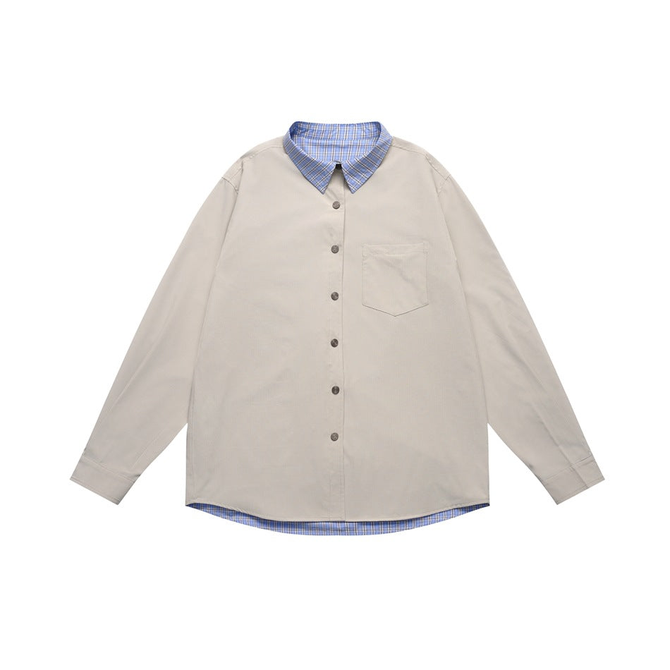 Light gray-beige long-sleeve button-front shirt with blue plaid collar, hem lining and chest pocket, flat lay