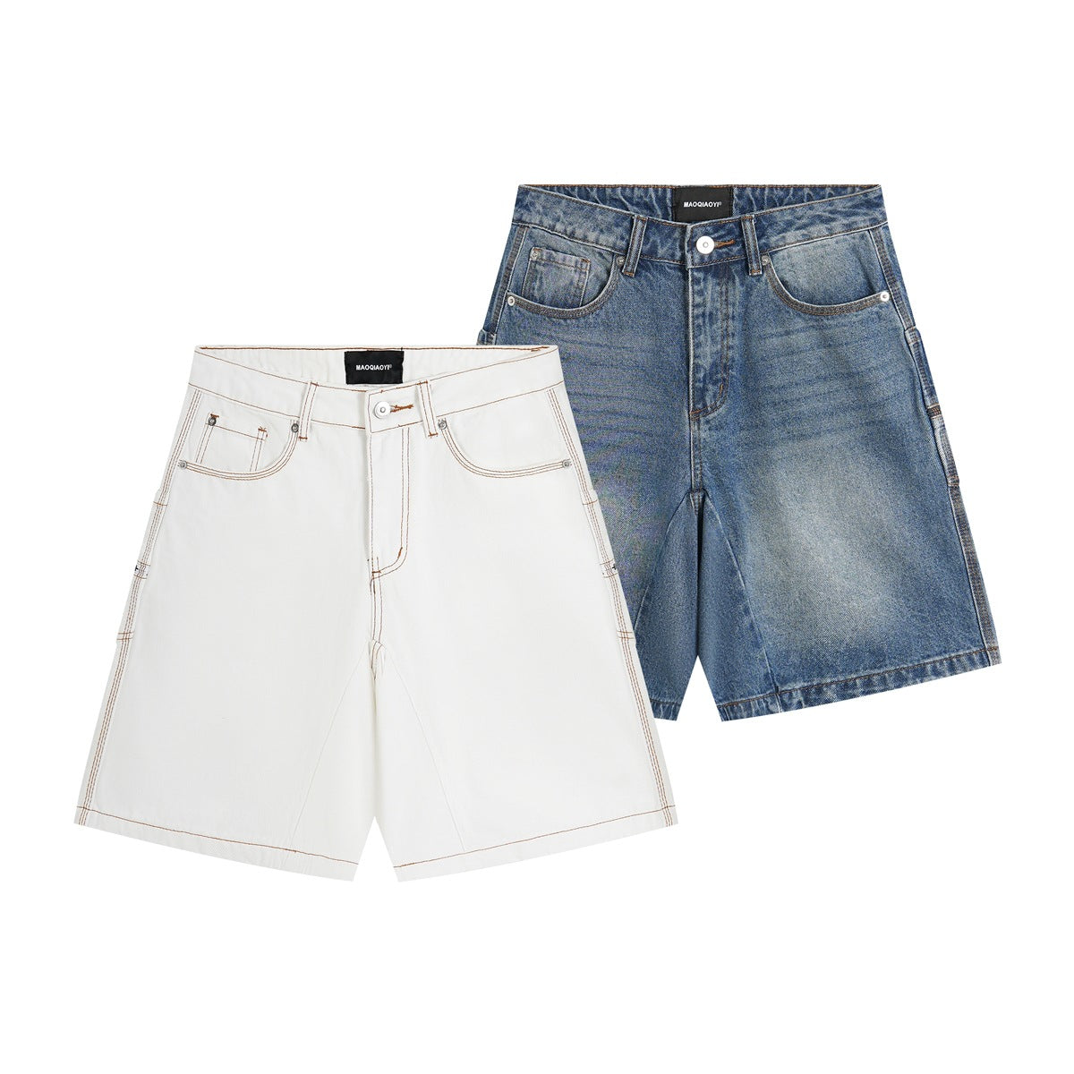 White denim shorts with contrast stitching and blue denim shorts shown together from the front.