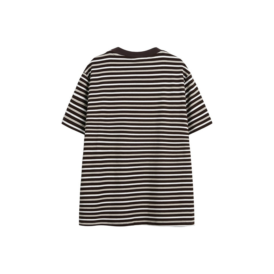 Back view of a dark brown short-sleeve T-shirt with white horizontal stripes and a dark crew neck.