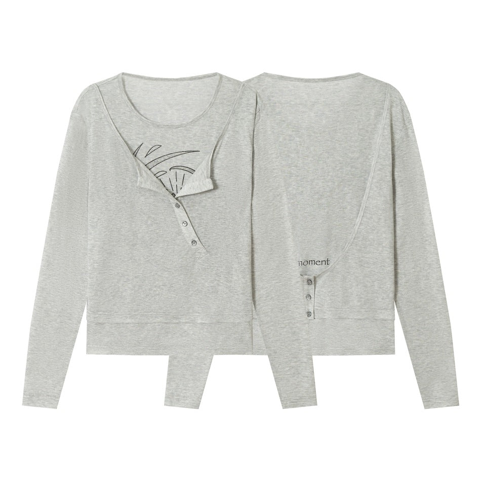 Light gray heather long-sleeve shirt shown front and back, with a buttoned neckline, black front graphic, and small back