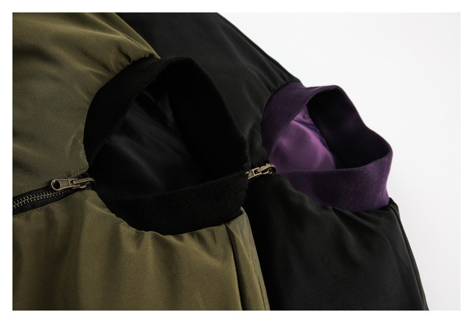 Close-up of bomber jacket collars and zippers in olive, black, and purple color combinations.