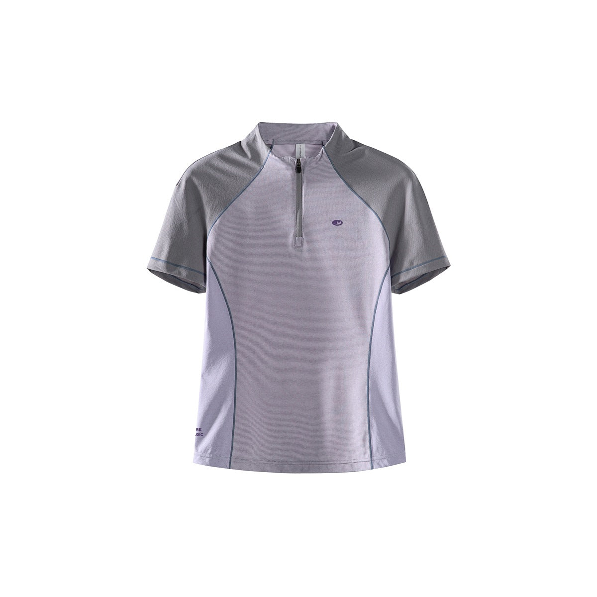 Misty gray-purple half-zip short-sleeve top with gray raglan sleeves and blue-gray contrast piping