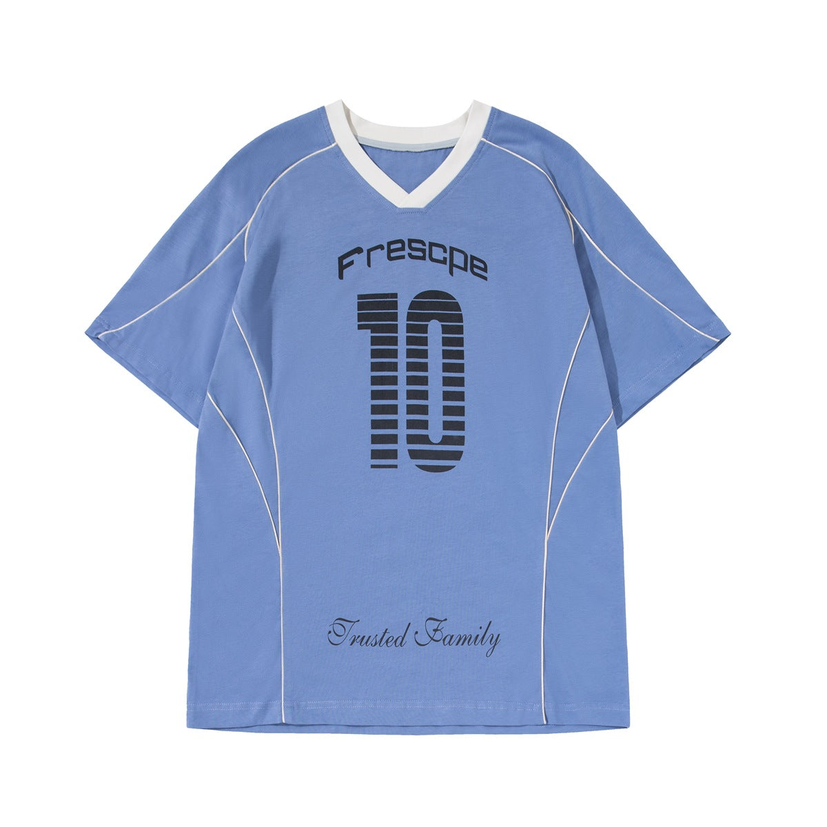 Blue short-sleeve V-neck jersey T-shirt with cream collar, cream piping and printed striped number 10, front view
