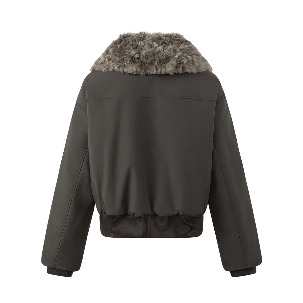 Back view of dark gray padded jacket with plush textured collar, seam across upper back and ribbed hem and cuffs