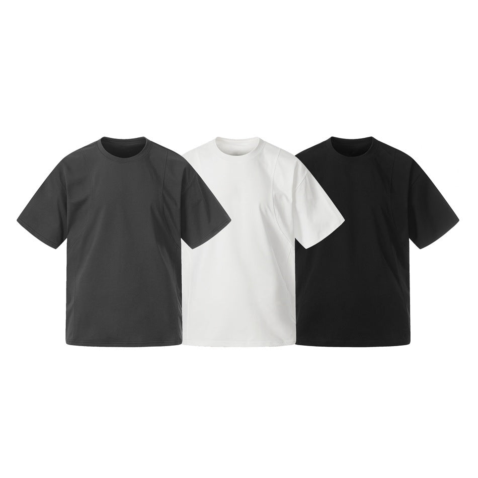 Three short-sleeve crew-neck T-shirts shown together in charcoal gray, white, and black.