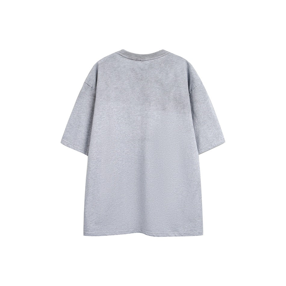 Back view of gray short-sleeve crewneck T-shirt flat lay with ribbed collar, dropped shoulders and a plain back