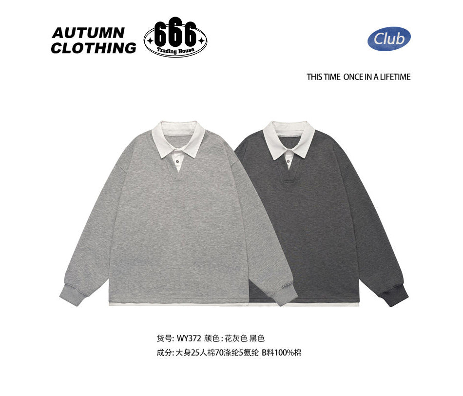 Heather gray and dark gray layered-collar sweatshirts side by side, with supplier text listing fabric content