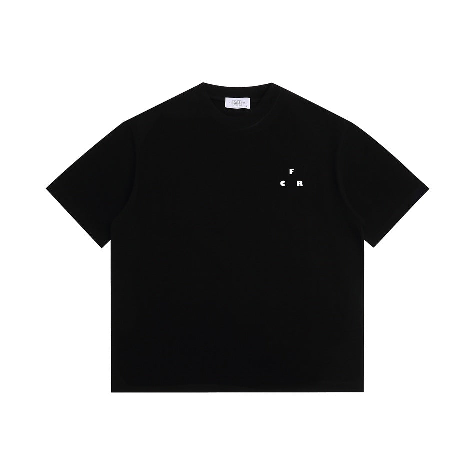 Black short-sleeve crew-neck T-shirt flat lay with a small white F C R print on the left chest