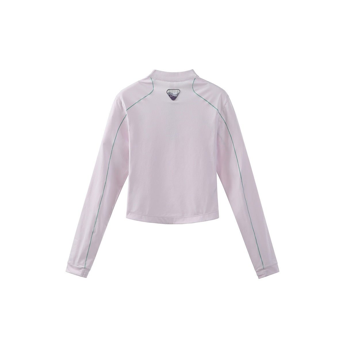 Back view of a pale pink long-sleeve top with a stand collar and teal seam piping.
