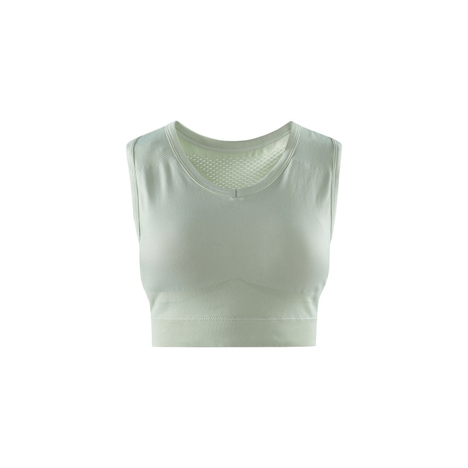 Light aqua green sleeveless cropped top, front view, with a mesh back neckline panel and a ribbed hem band