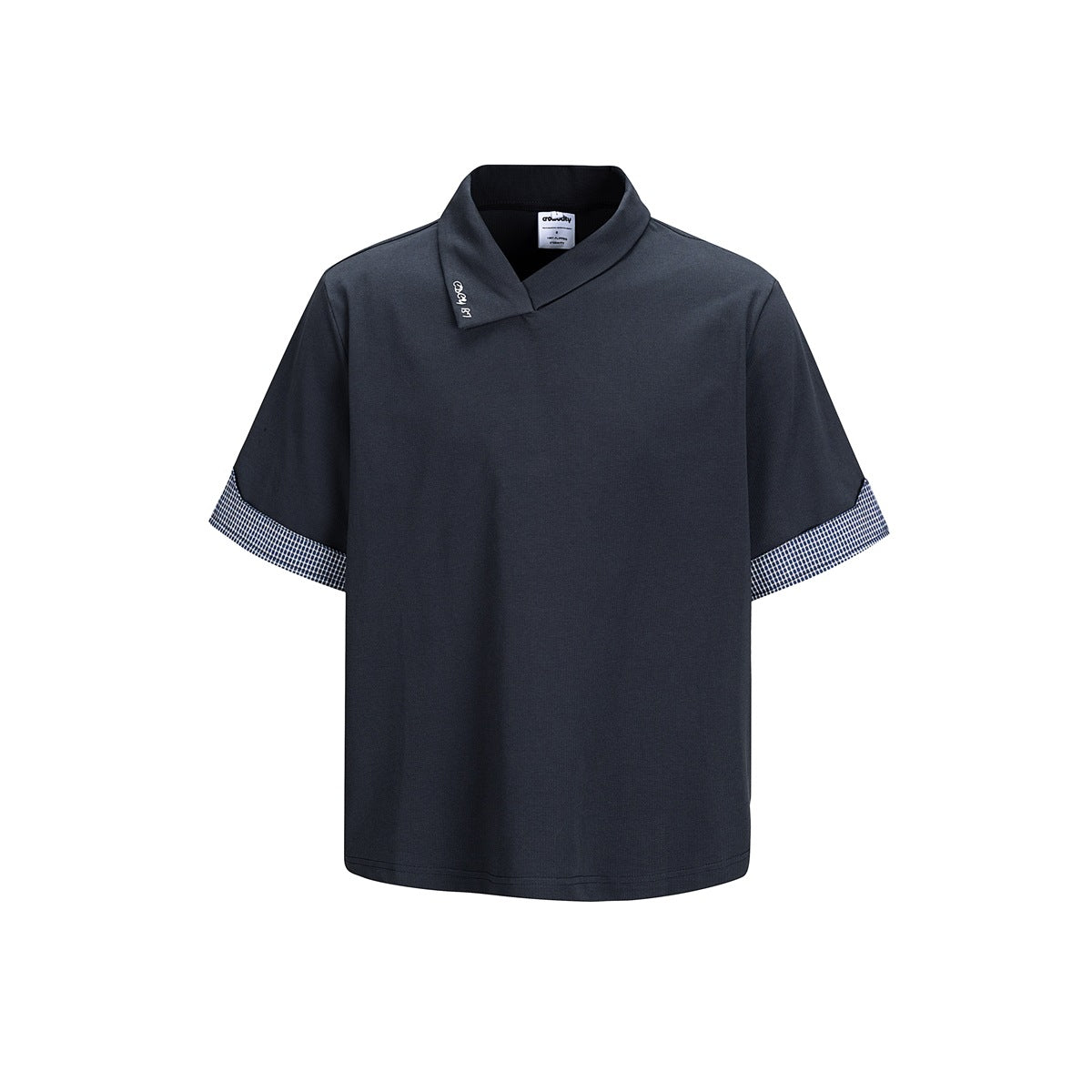 Navy short-sleeve top with asymmetric stand collar and navy and white micro-check turned-back sleeve cuffs, front view