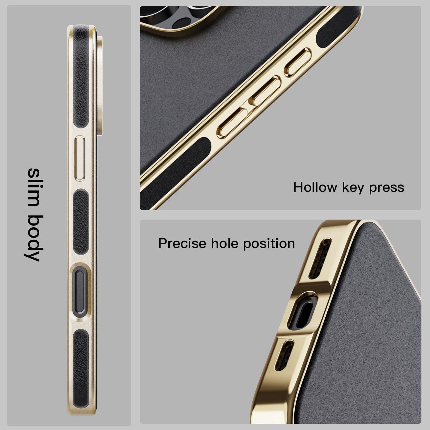Images show close-ups of the iPhone 16 Pro Max MagSafe Case, highlighting its slim body, hollow key press design, and precise hole positions for buttons and ports. The electroplated bumper complements gold-colored edges, while the black back adds elegance.