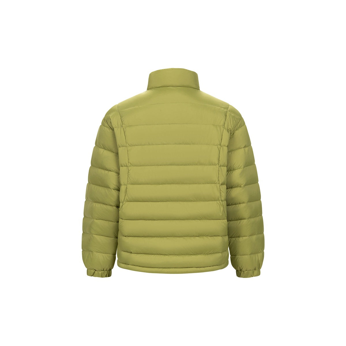 Back view of avocado green quilted puffer jacket with stand collar and horizontal channels