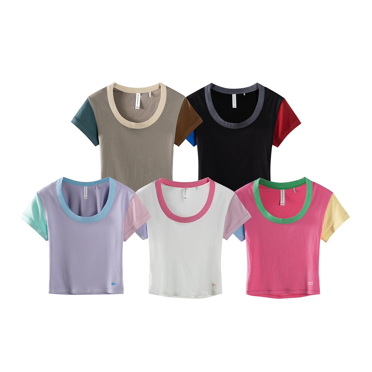 Five short-sleeve scoop-neck tops displayed in different colors with contrasting necklines and sleeves.