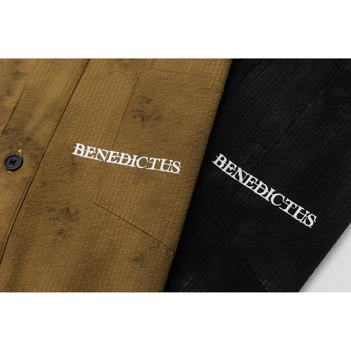 Close-up of brown and black textured shirt fronts, each with white BENEDICTUS lettering on a chest pocket.