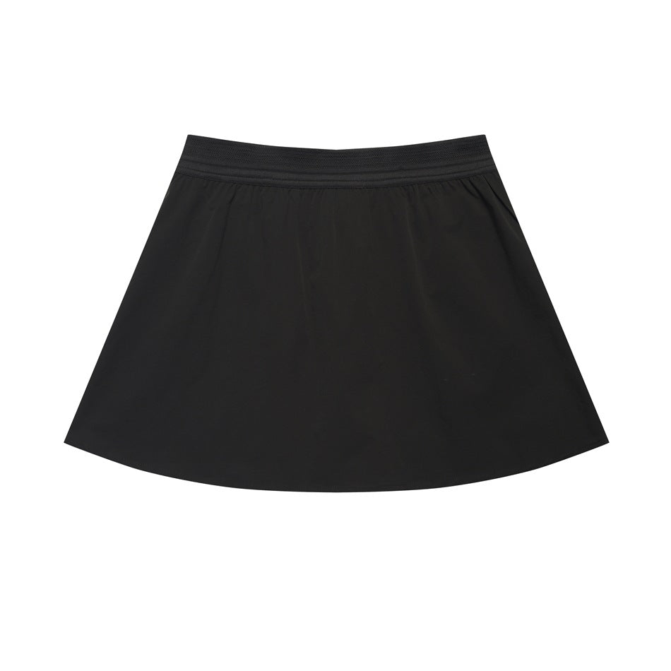 Black flared skirt shown flat from the front with a wide elastic waistband.