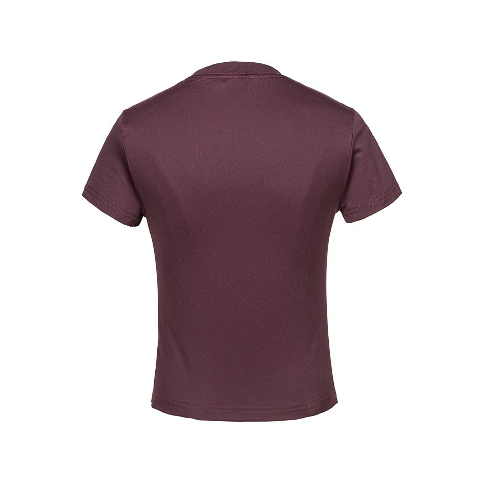 Back view of a plain dark burgundy short-sleeve crew-neck T-shirt, flat lay