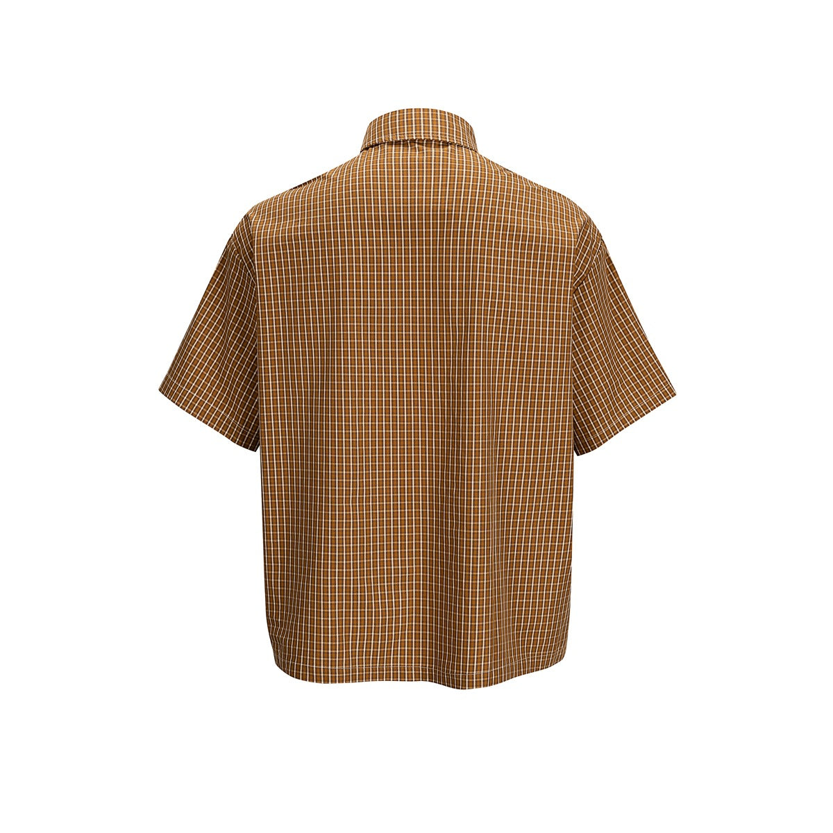 Back view of a brown plaid short-sleeve button-up shirt on a white background.