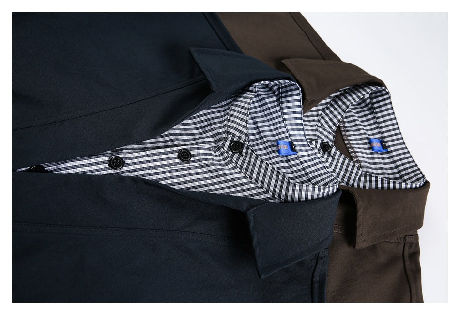 Close-up of navy and brown jackets with black-and-white checked inner collars and button plackets.