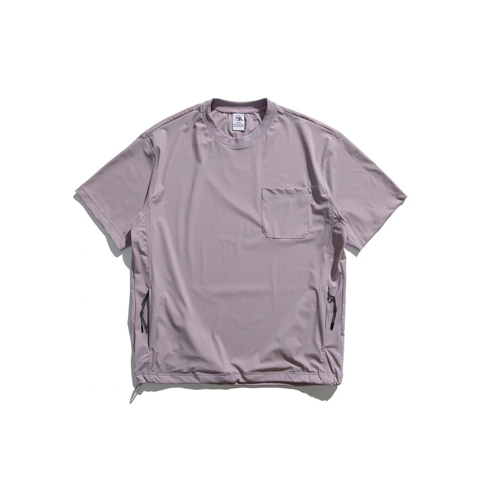 Dusty purple short-sleeve crew-neck tee flat lay with chest pocket, side zip pulls and drawcord hem