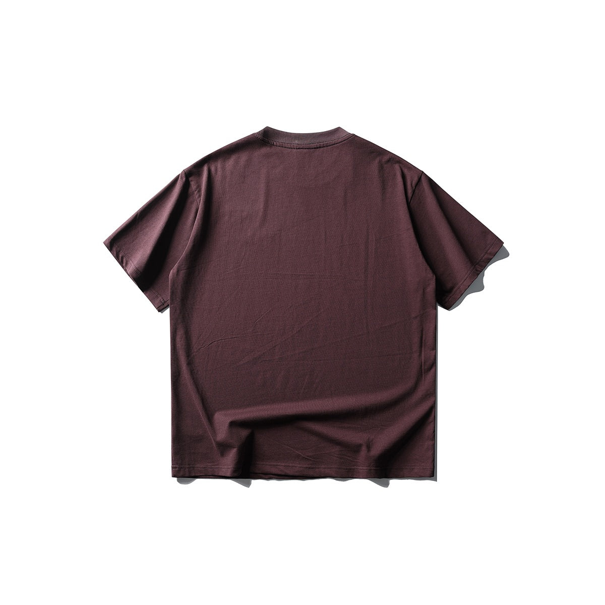 Back view of burgundy short-sleeve T-shirt with ribbed crew neck and plain back