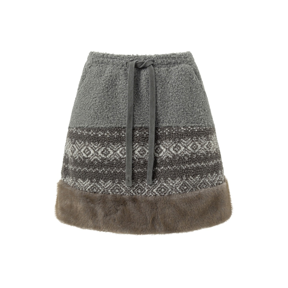Gray fleece-textured mini skirt with drawstring, Fair Isle jacquard band and brown faux-fur-look hem, front view