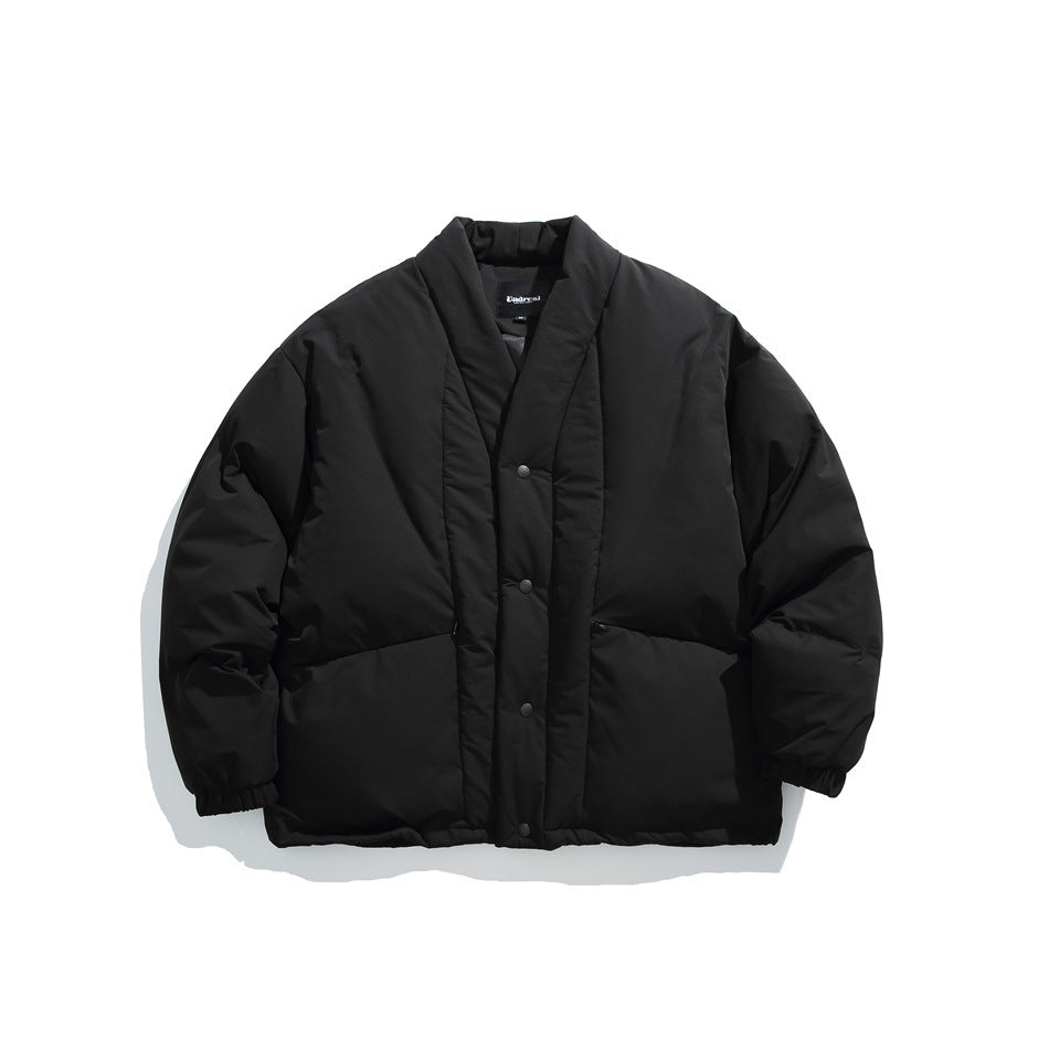 Front view of a black padded jacket with a folded collar, snap-button closure, and two large lower pockets.