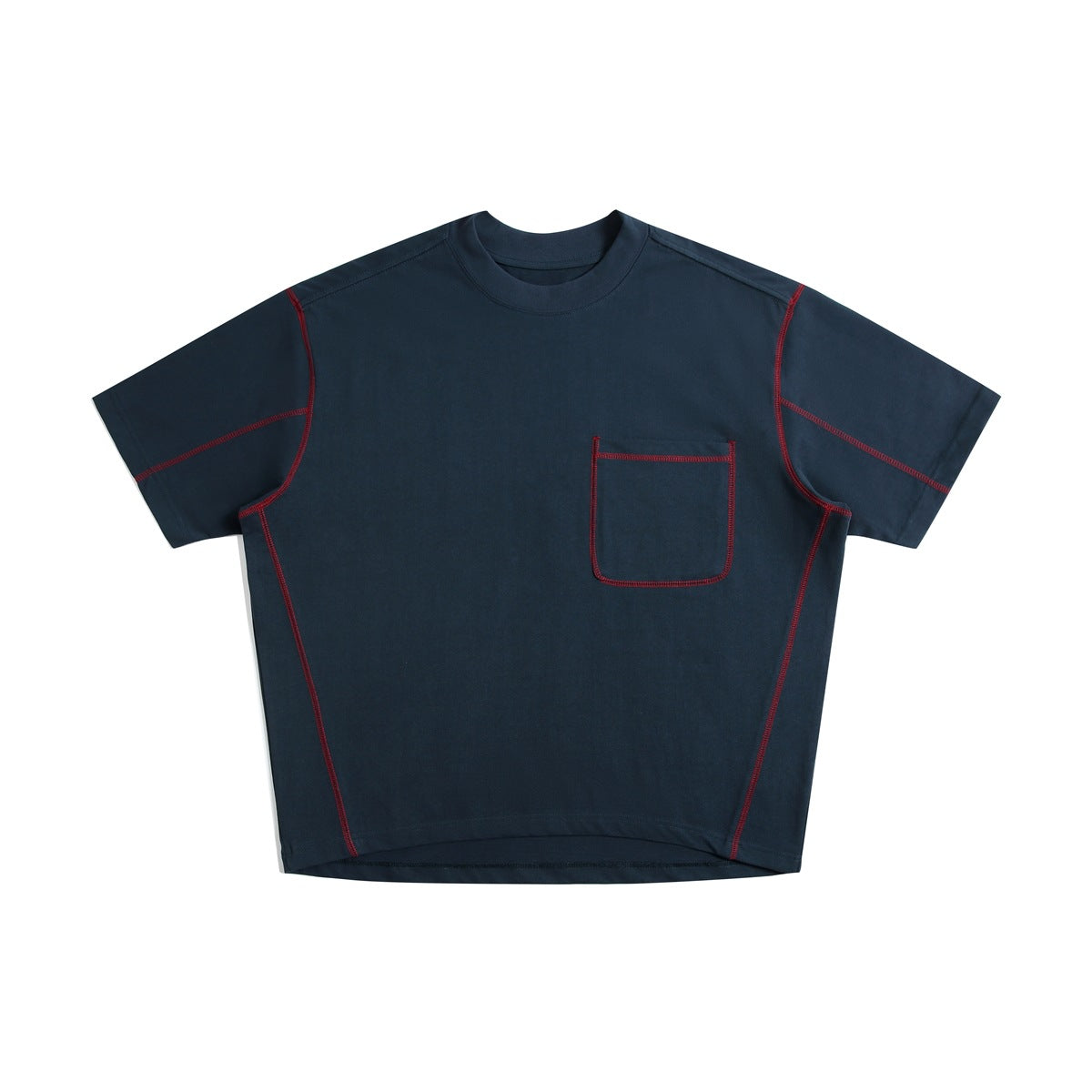 Navy short-sleeve crew-neck T-shirt with chest pocket and red contrast stitching, flat front view