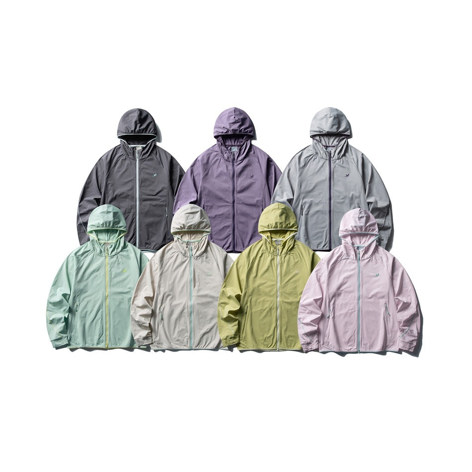 Seven hooded zip jackets shown in charcoal, purple, gray, mint, beige, yellow-green, and pink.