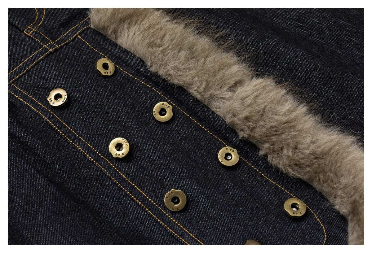 Close-up of dark denim, brass-tone buttons and taupe faux-fur lining along the fly area.