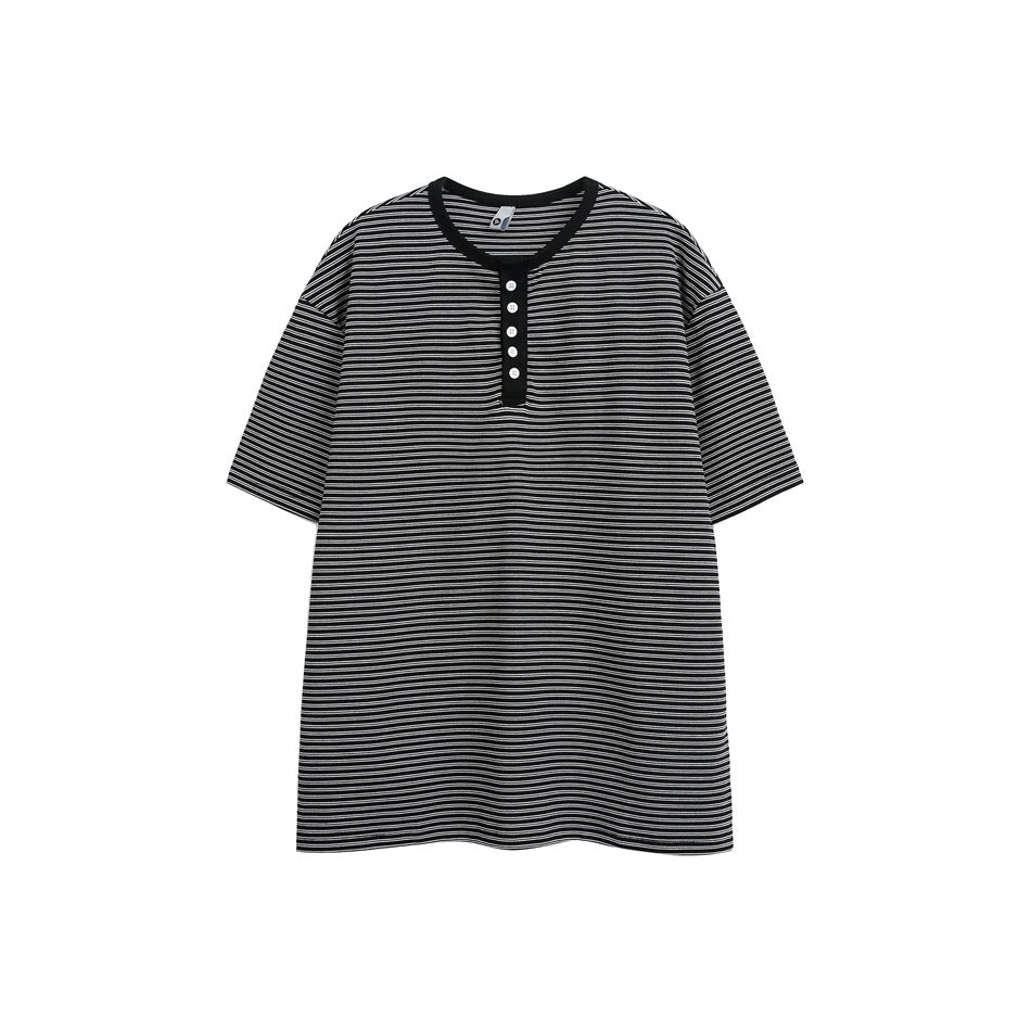 Front view of a black short-sleeve shirt with fine white horizontal stripes, a black crew neck, and a four-button placket.