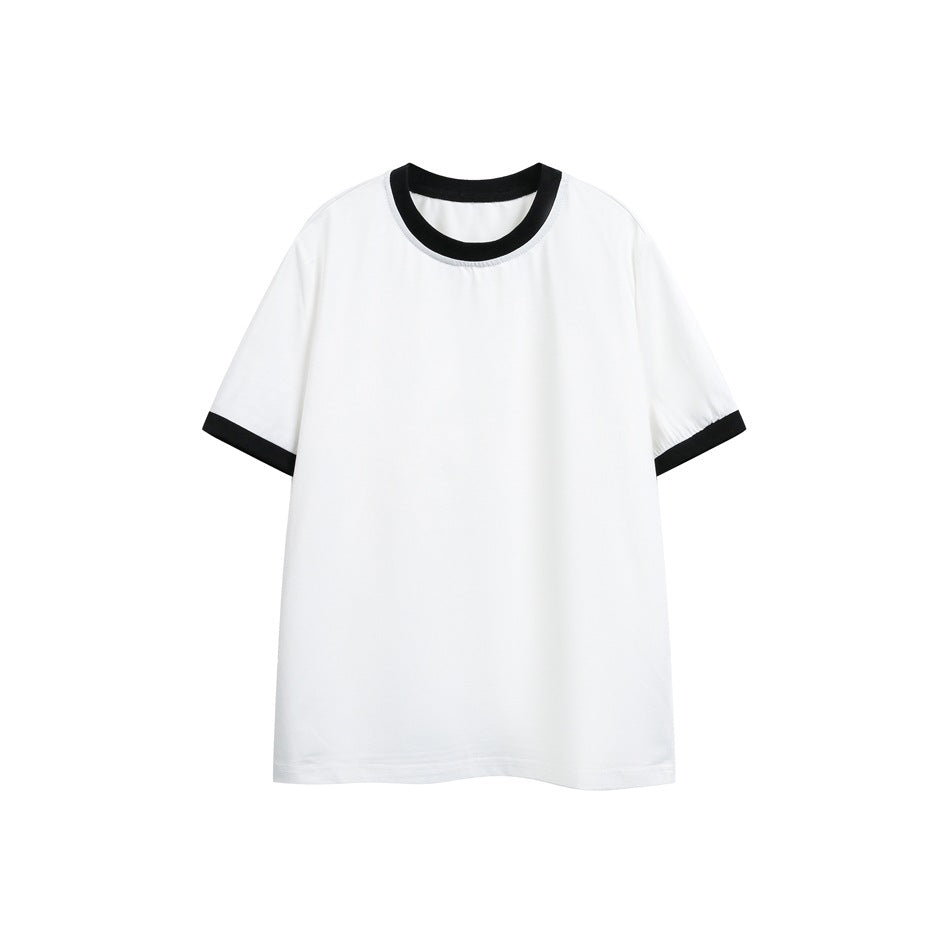 White short-sleeve T-shirt with black contrast collar and sleeve cuffs, flat front view