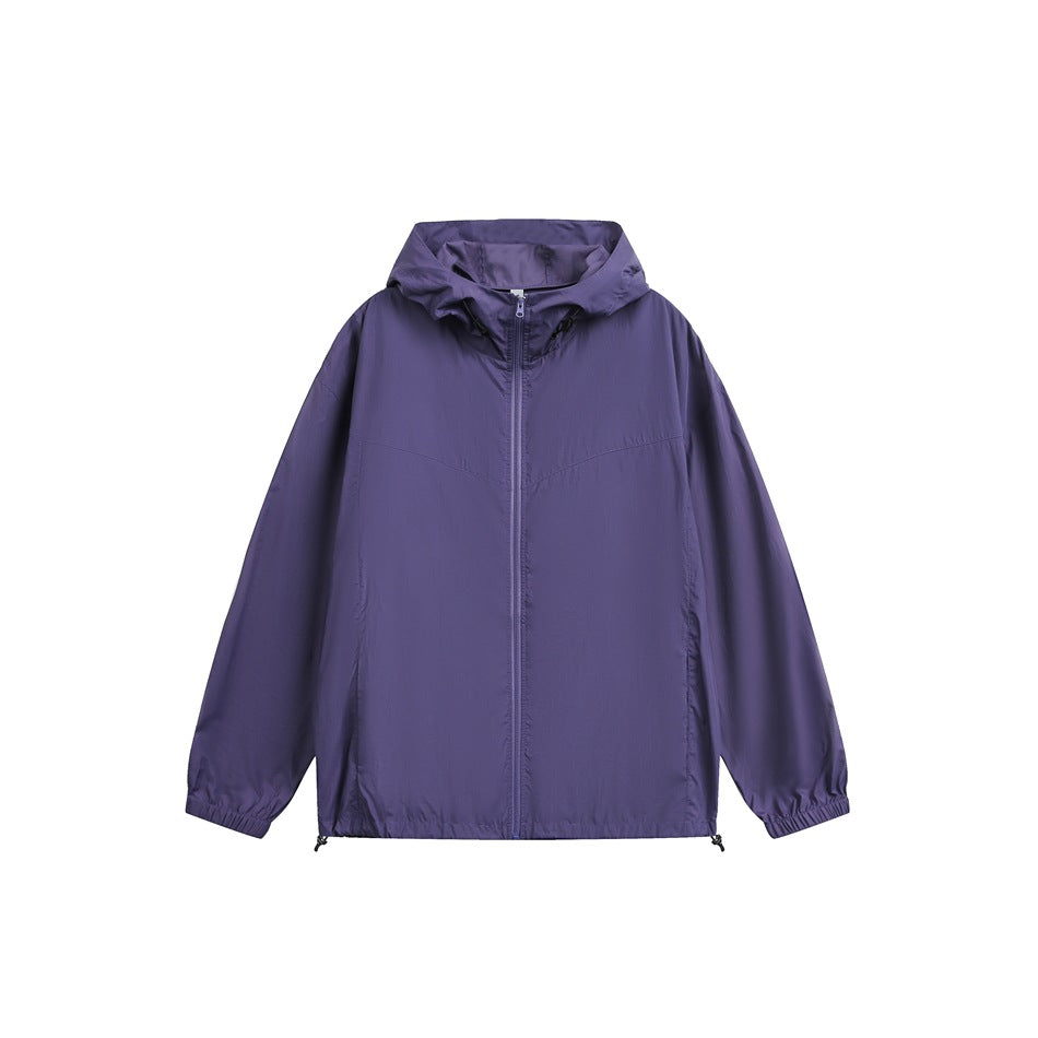 Purple hooded full-zip jacket with V-shaped chest seam and elastic cuffs, flat front view