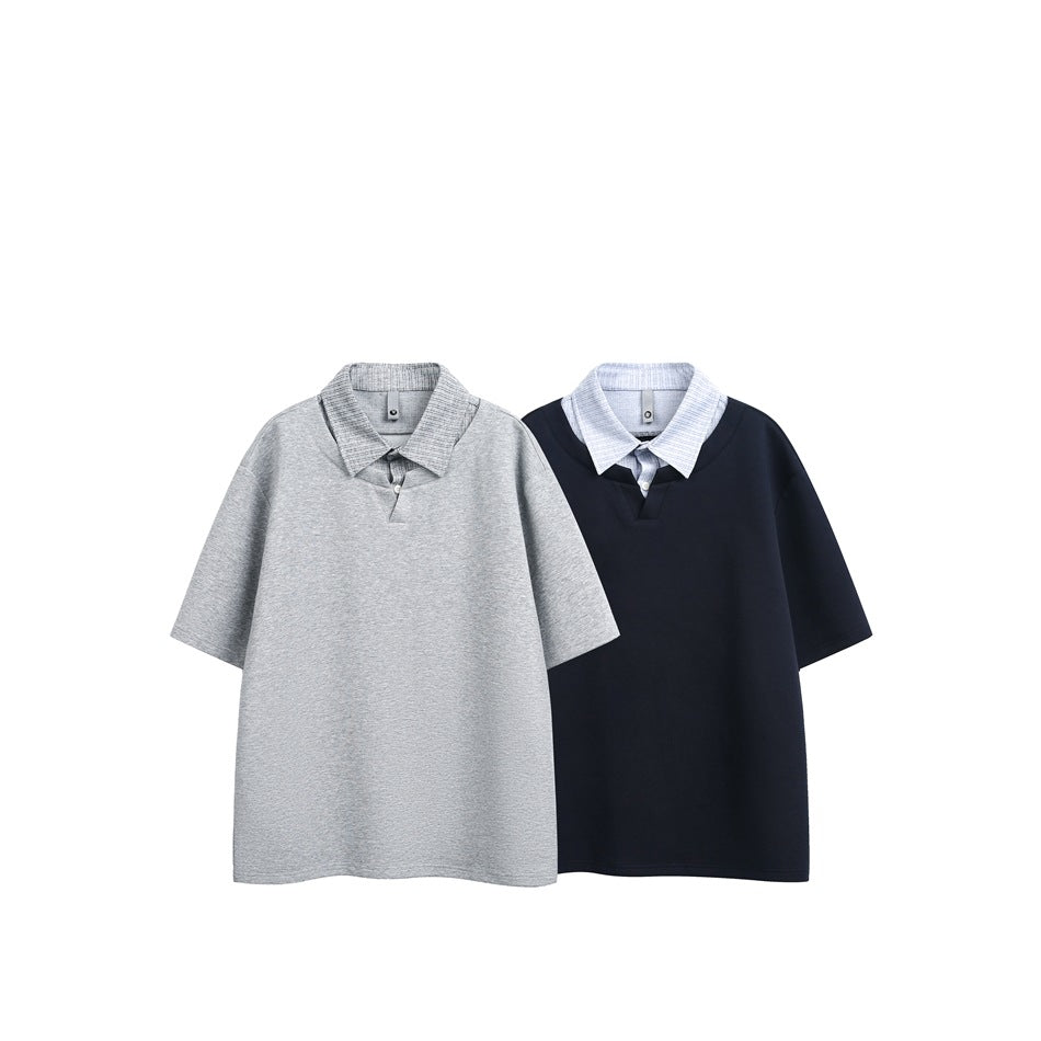 Two short-sleeve collared tops shown together: one light gray and one navy, both with contrasting striped collars.
