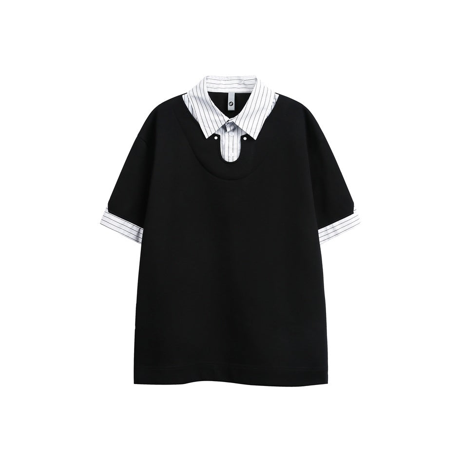Black short-sleeve faux two-piece top with pinstriped collar and cuffs, flat front view