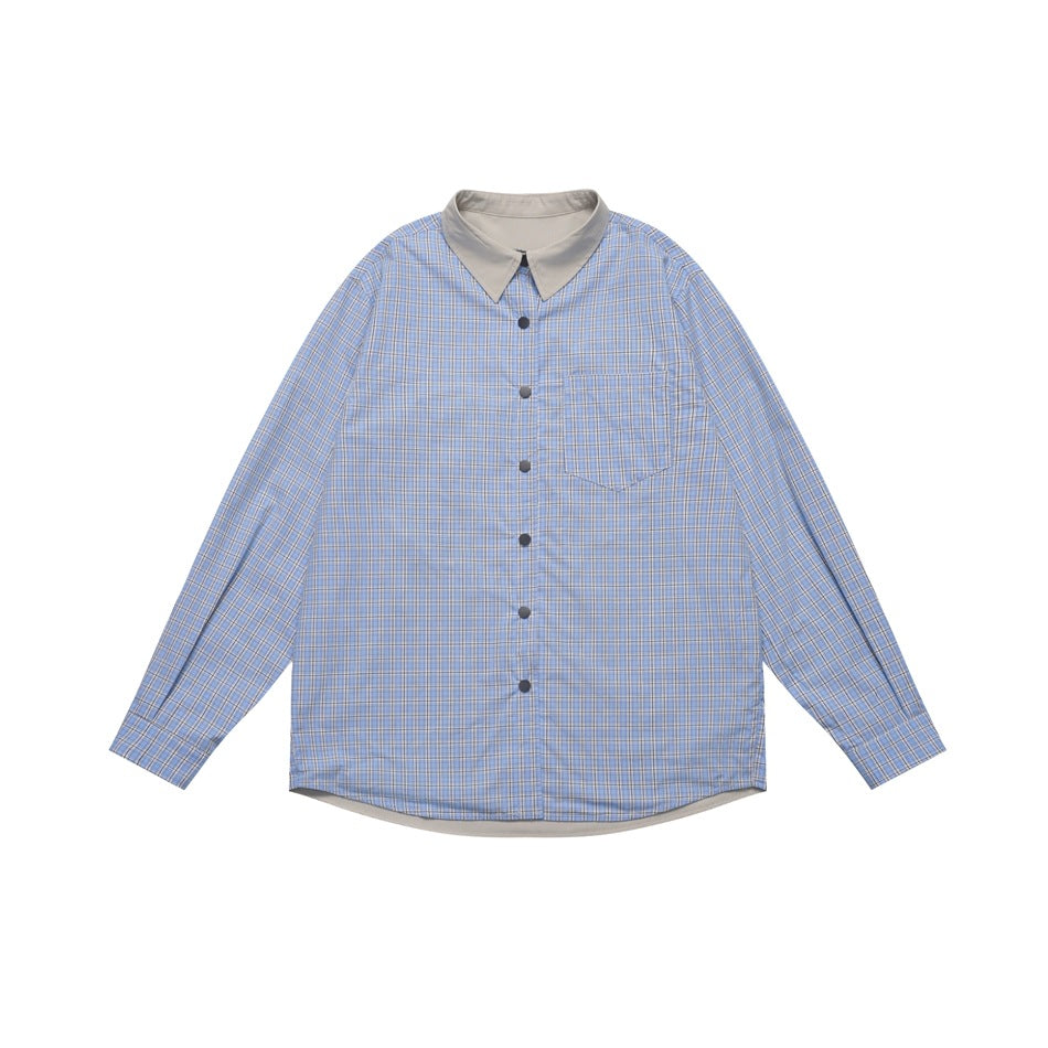 Front view of a blue plaid long-sleeve button-up shirt with a beige collar and a chest pocket.