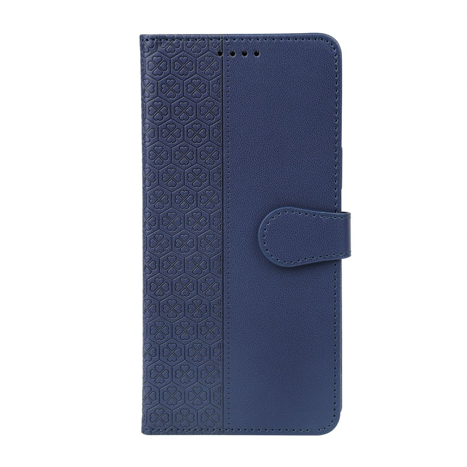 A navy blue iPhone 16 Pro Max Wallet Case made of synthetic leather, featuring a textured geometric design on the left side and a magnetic closure.