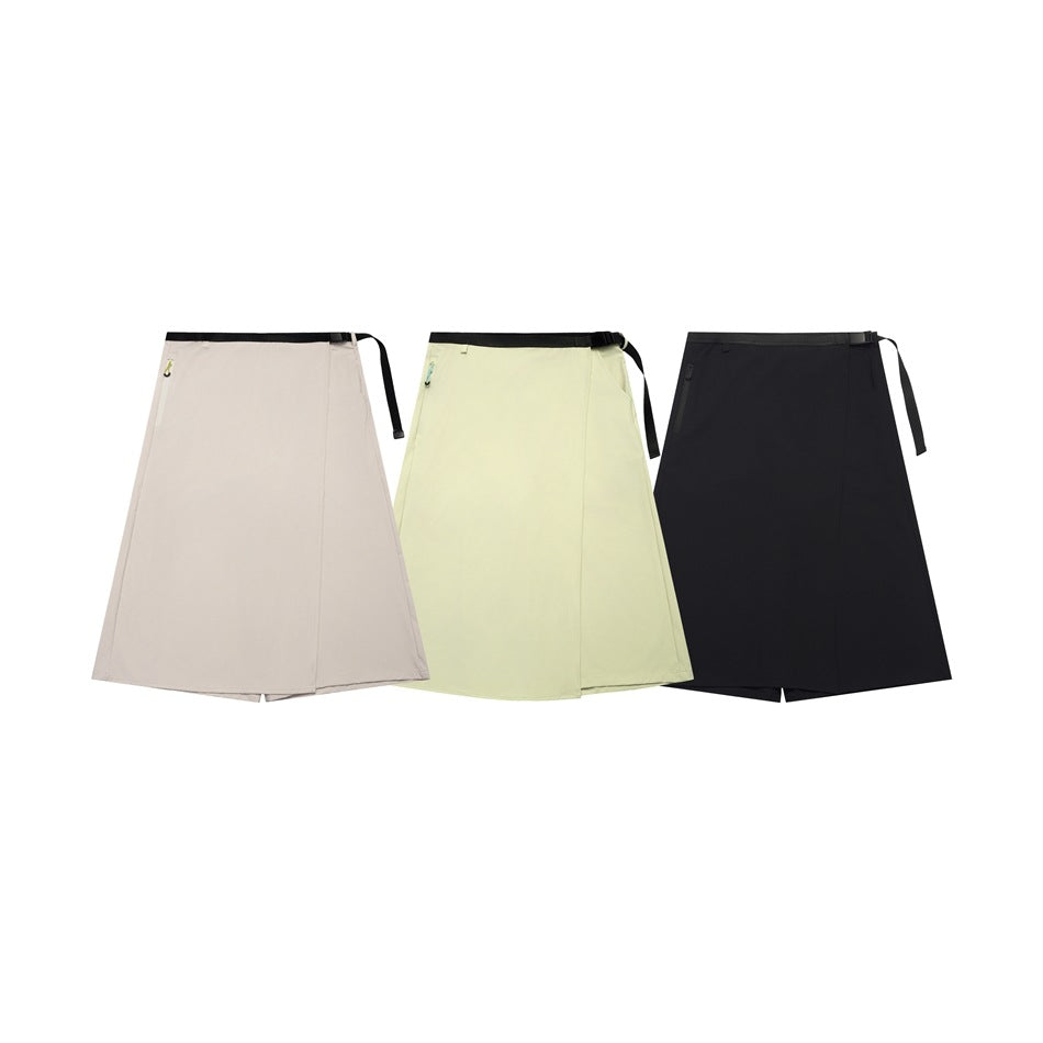 Three wrap-style skirts shown from the front in beige, pale yellow and black.