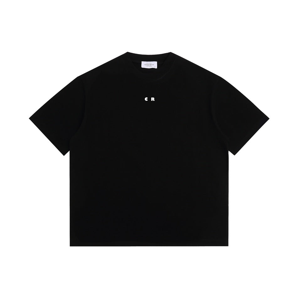 Black short-sleeve crew-neck T-shirt front with small white 'CR' print at chest
