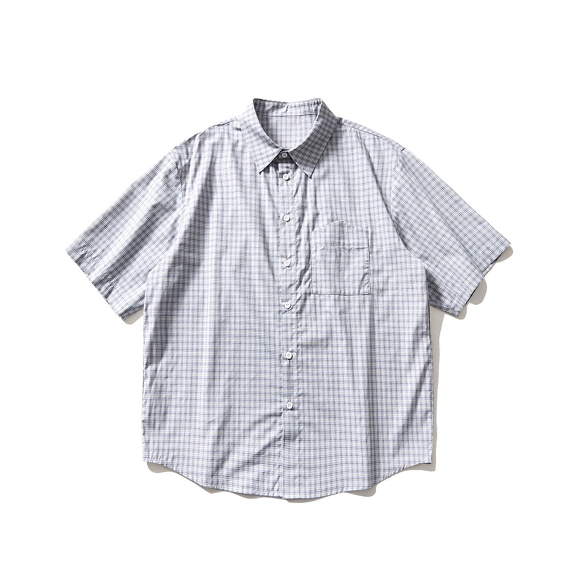 Light blue plaid short-sleeve button-up shirt laid flat, front view with chest pocket and pointed collar