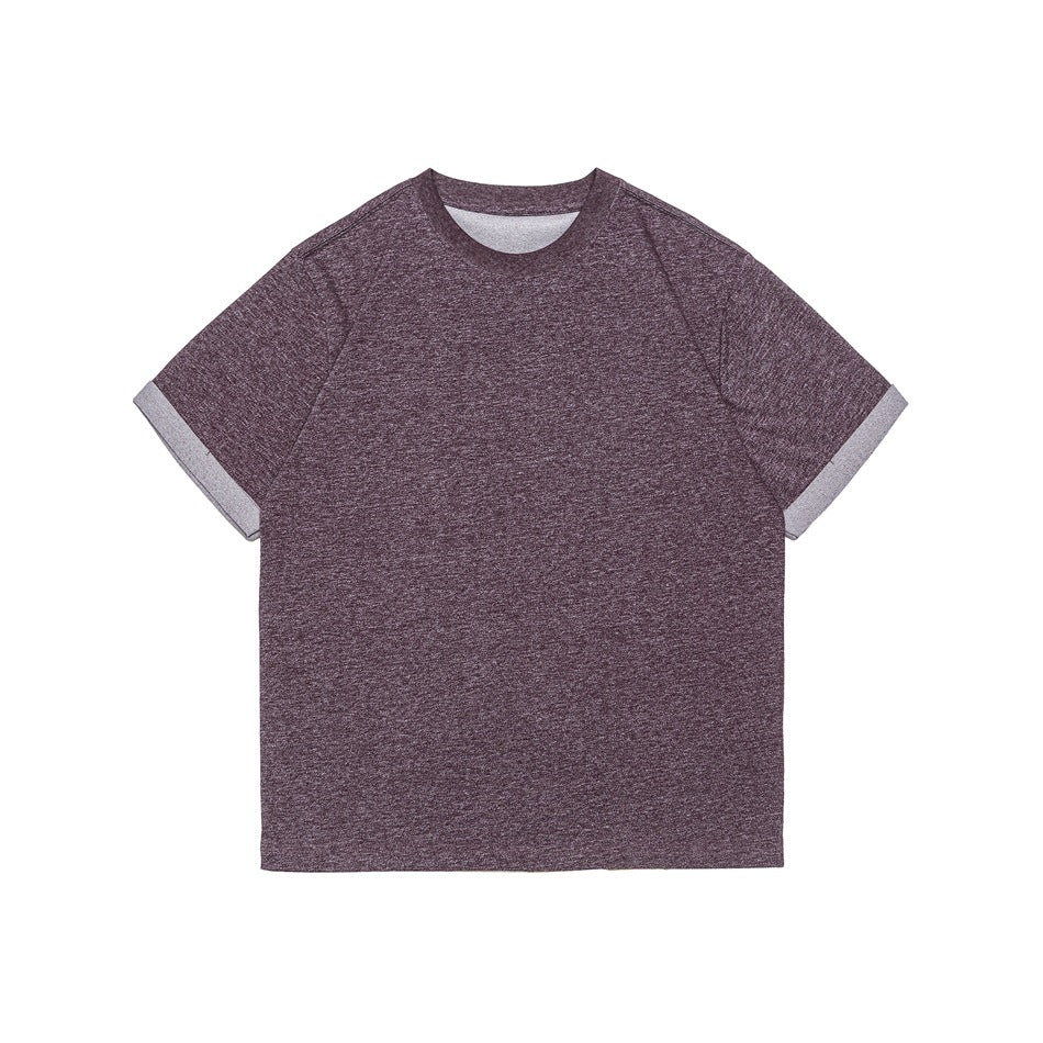 Purple heathered short-sleeve crew-neck T-shirt, front view, with rolled gray-lined sleeve cuffs