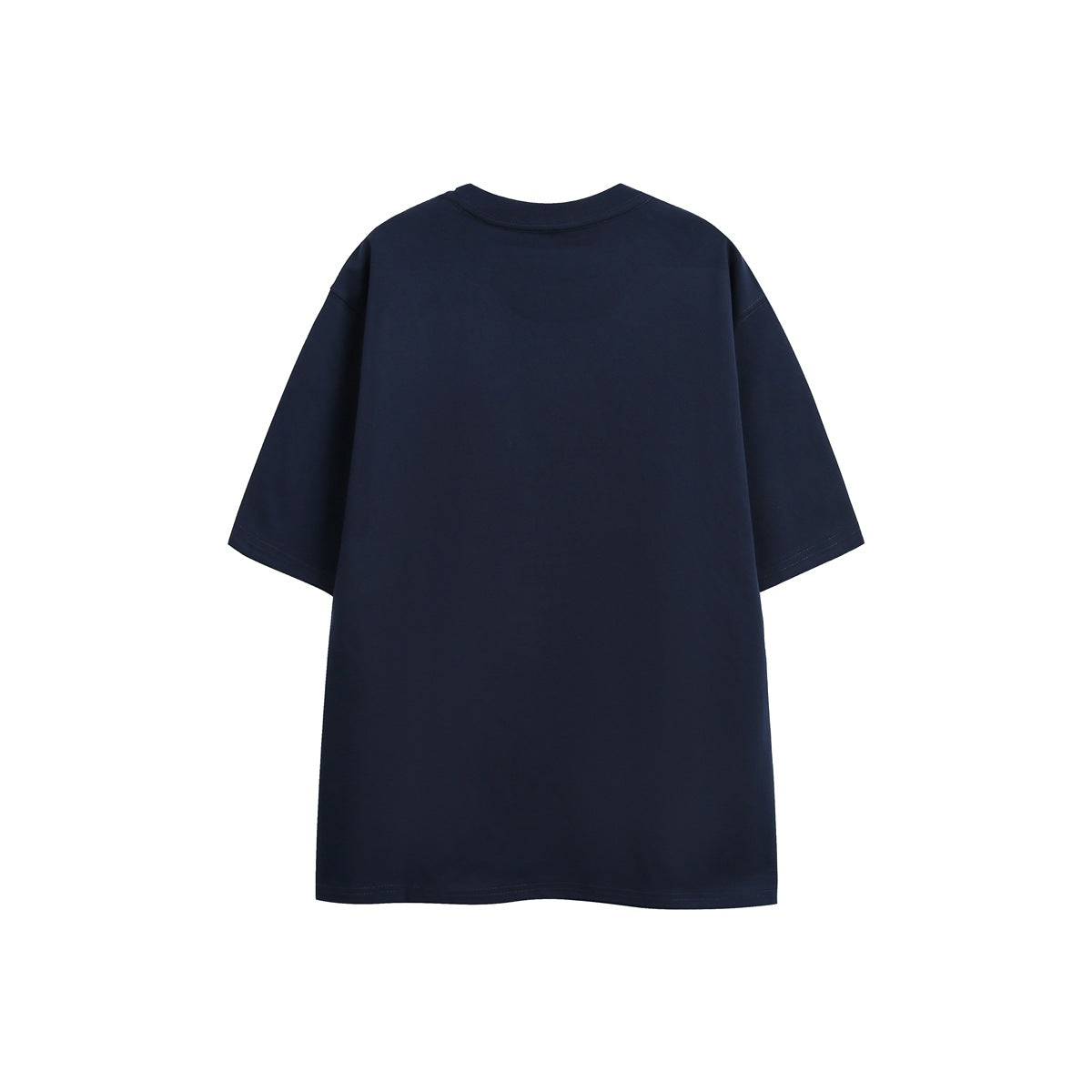 Back view of plain navy short-sleeve crewneck T-shirt with drop shoulders
