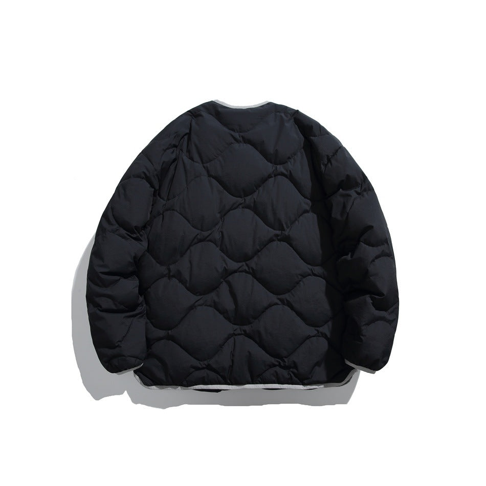 Back view of a black quilted jacket with a repeating wavy pattern.