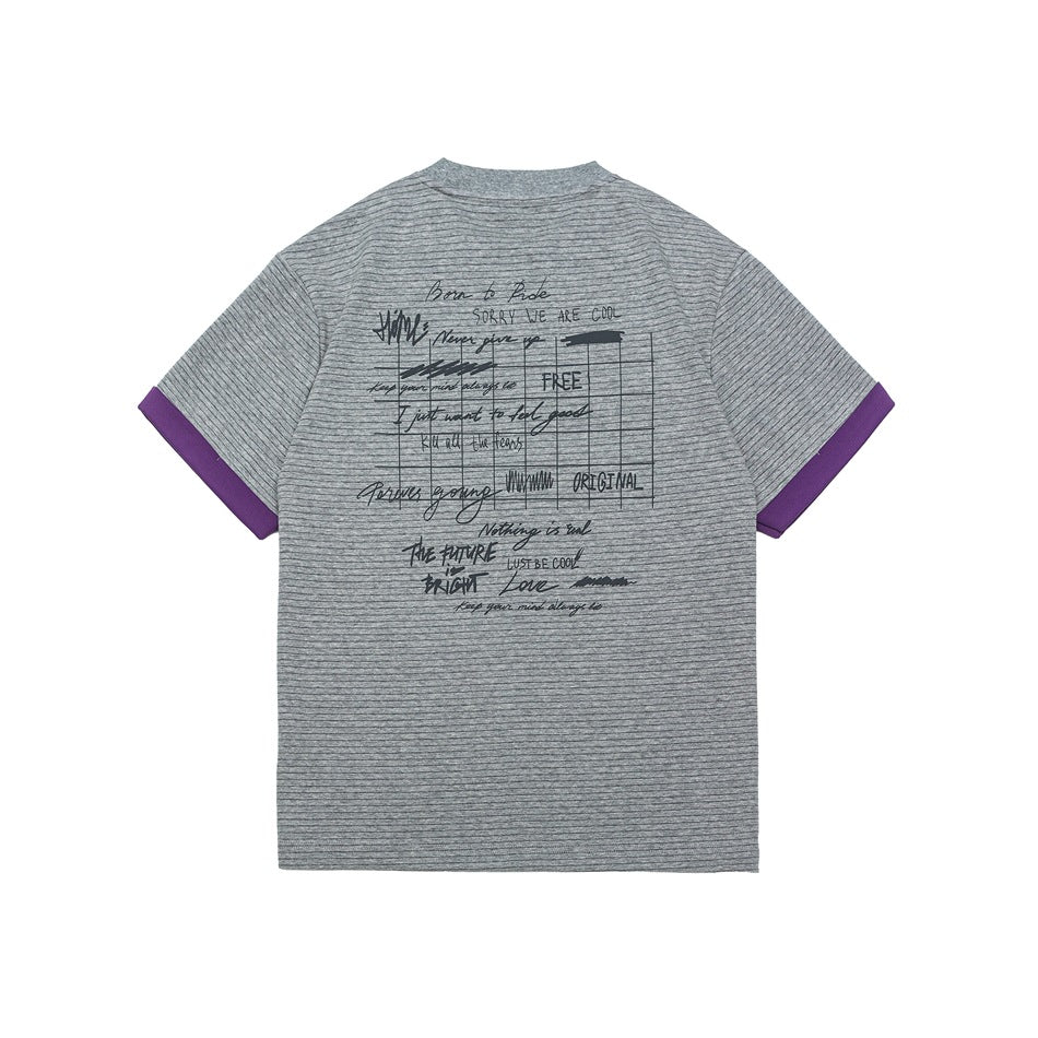 Back of gray striped T-shirt with purple cuffs and a handwritten-style English text and grid graphic print
