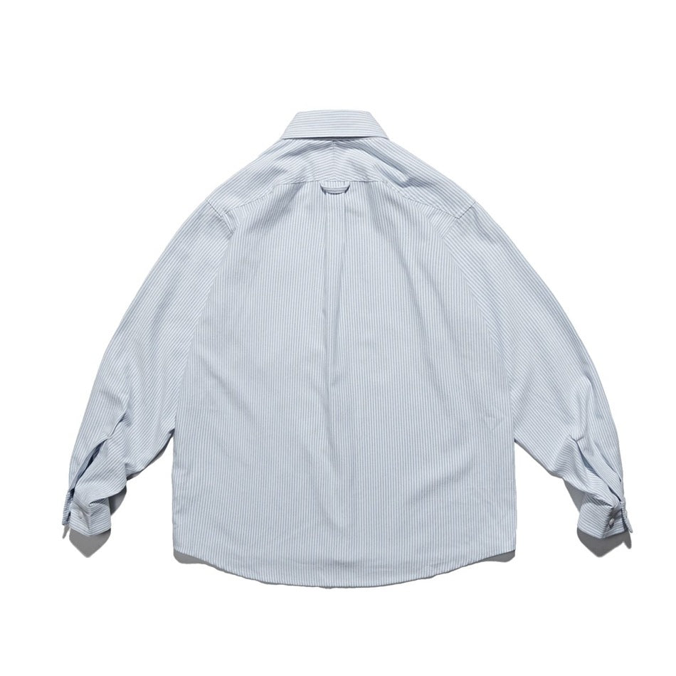 Back view flat lay of a light blue striped button-down shirt showing back yoke and loop detail