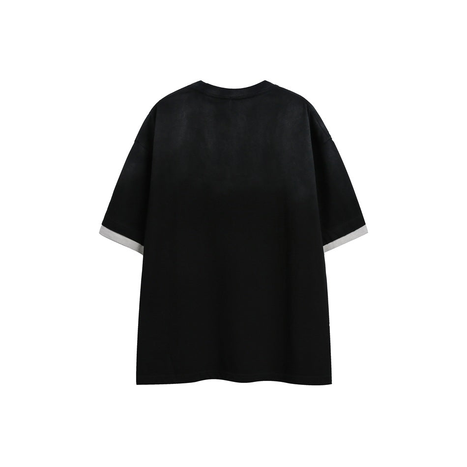 Back view of black short-sleeve T-shirt with faded wash effect and light gray layered sleeve hems