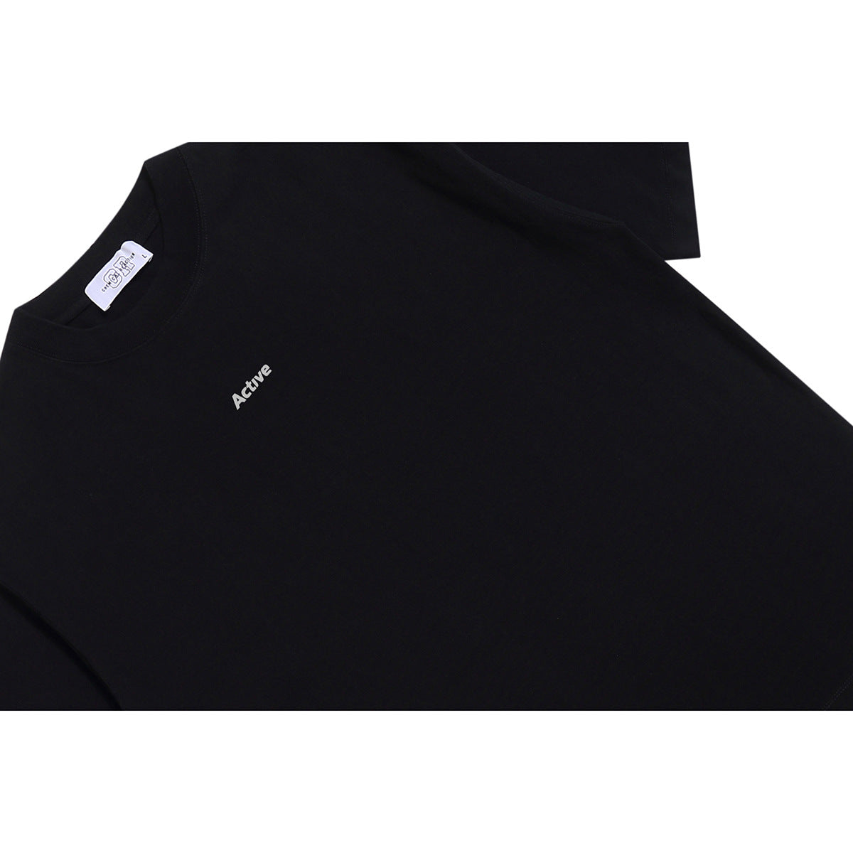 Close-up of a black T-shirt showing the crew neckline, neck label, and small white “Active” chest text.